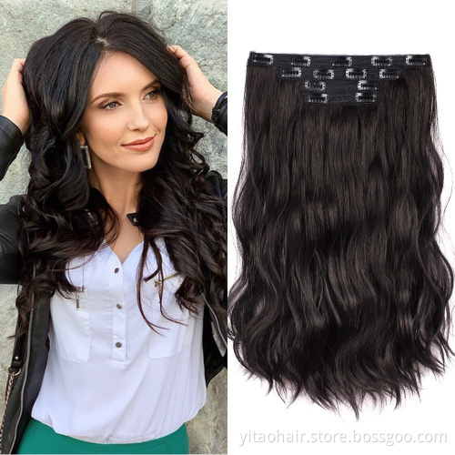 wholesale Clip in Hair Extensions brown Black Synthetic Hairpiece 20 Inch Long Wavy Curly Head Silky Soft Weft for Women